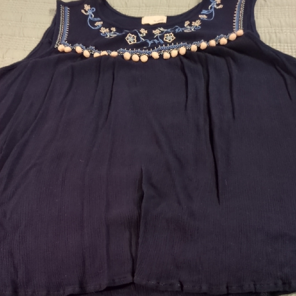 Embroidered Navy Blue Sleeveless Top